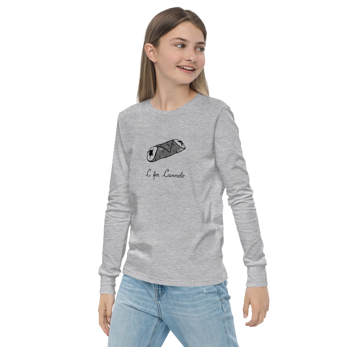 Cannolo on a youth long sleeve tee