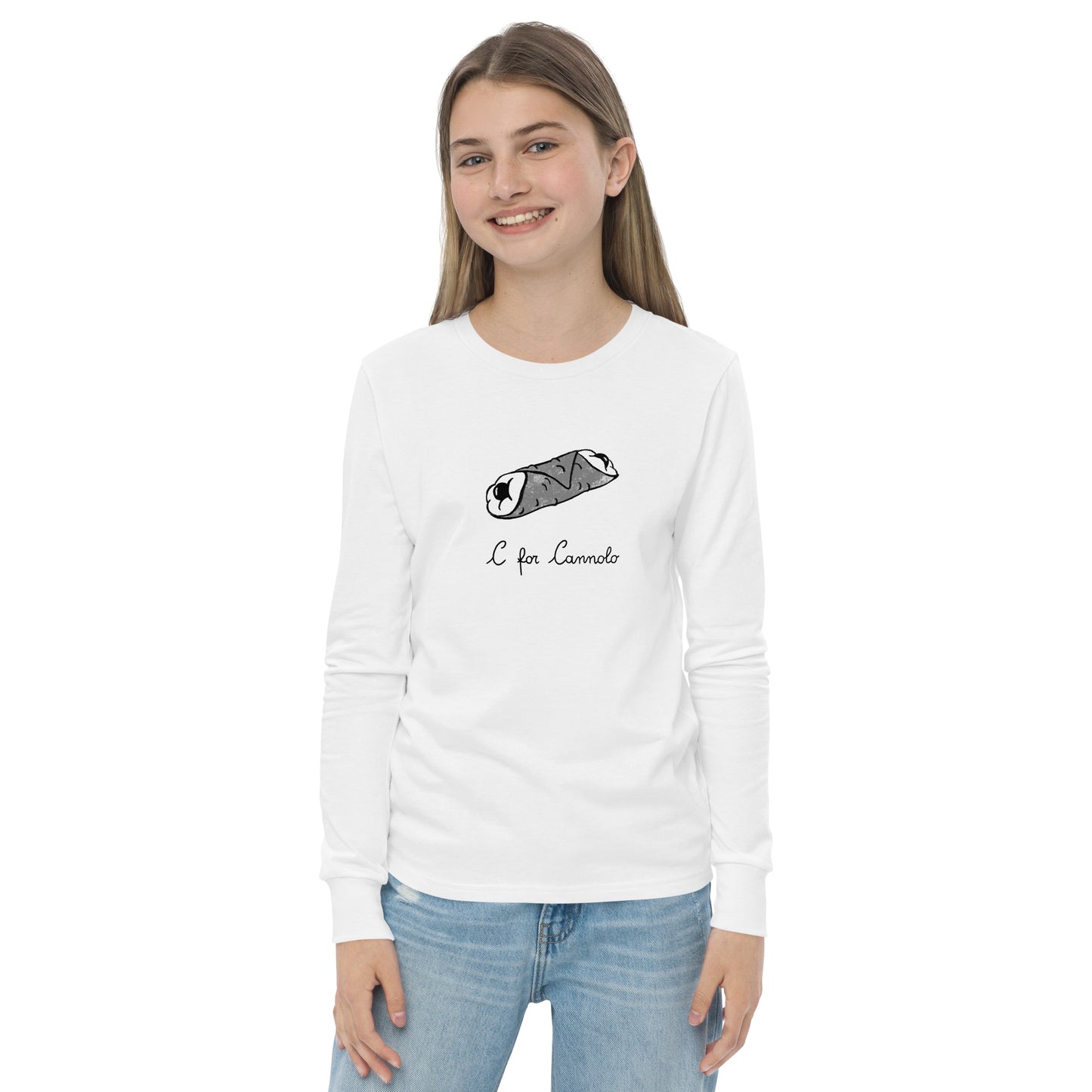Cannolo on a youth long sleeve tee