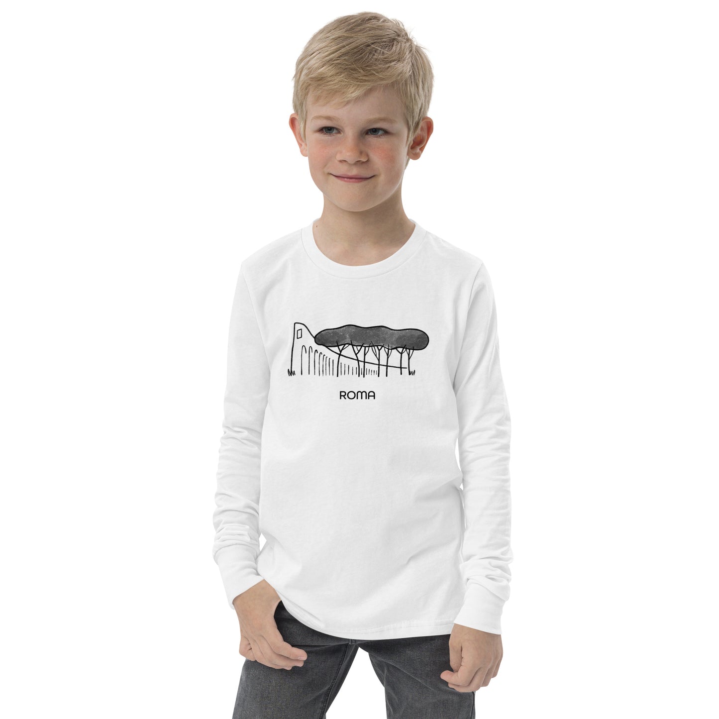Roman Pine Trees on a Youth long sleeve tee