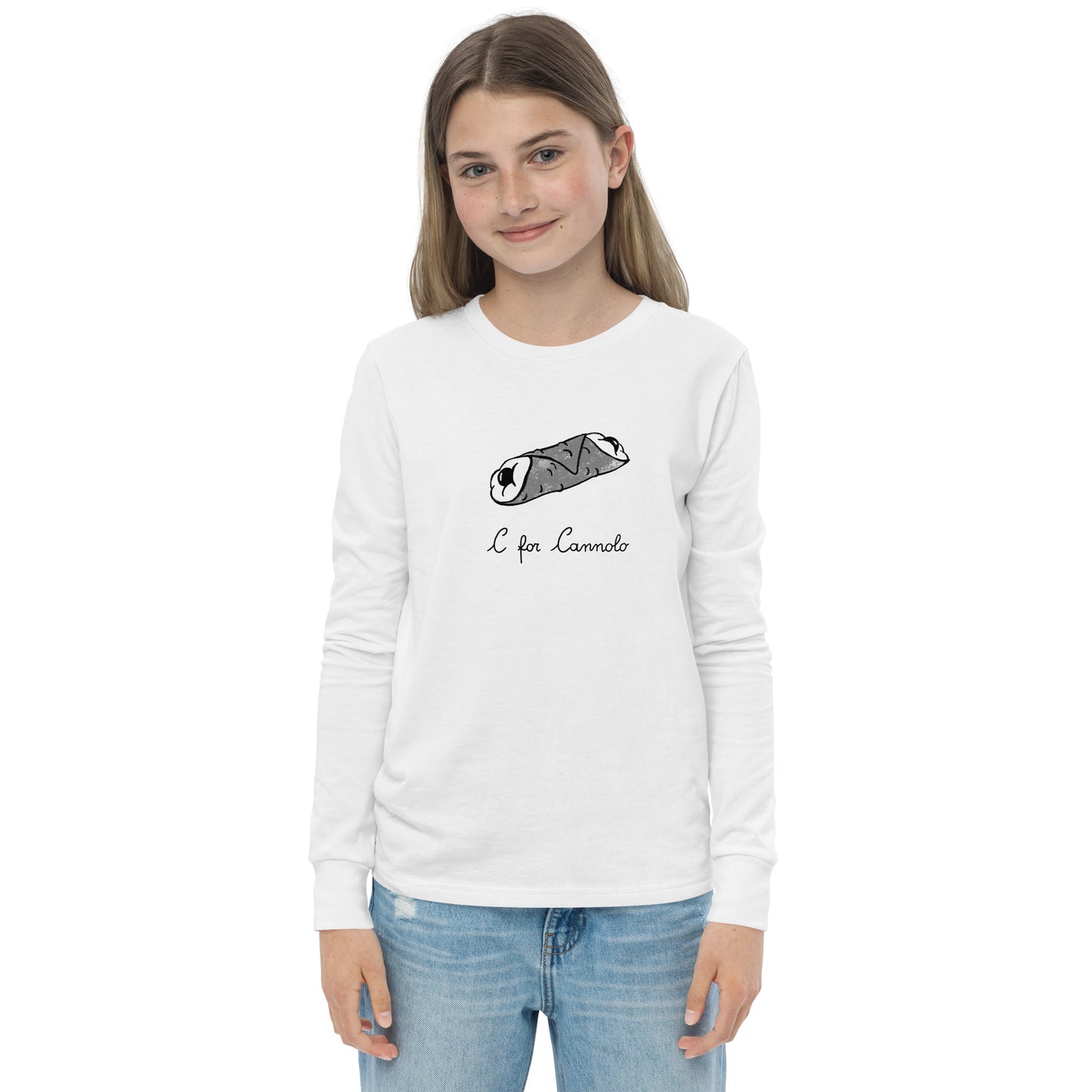Cannolo on a youth long sleeve tee